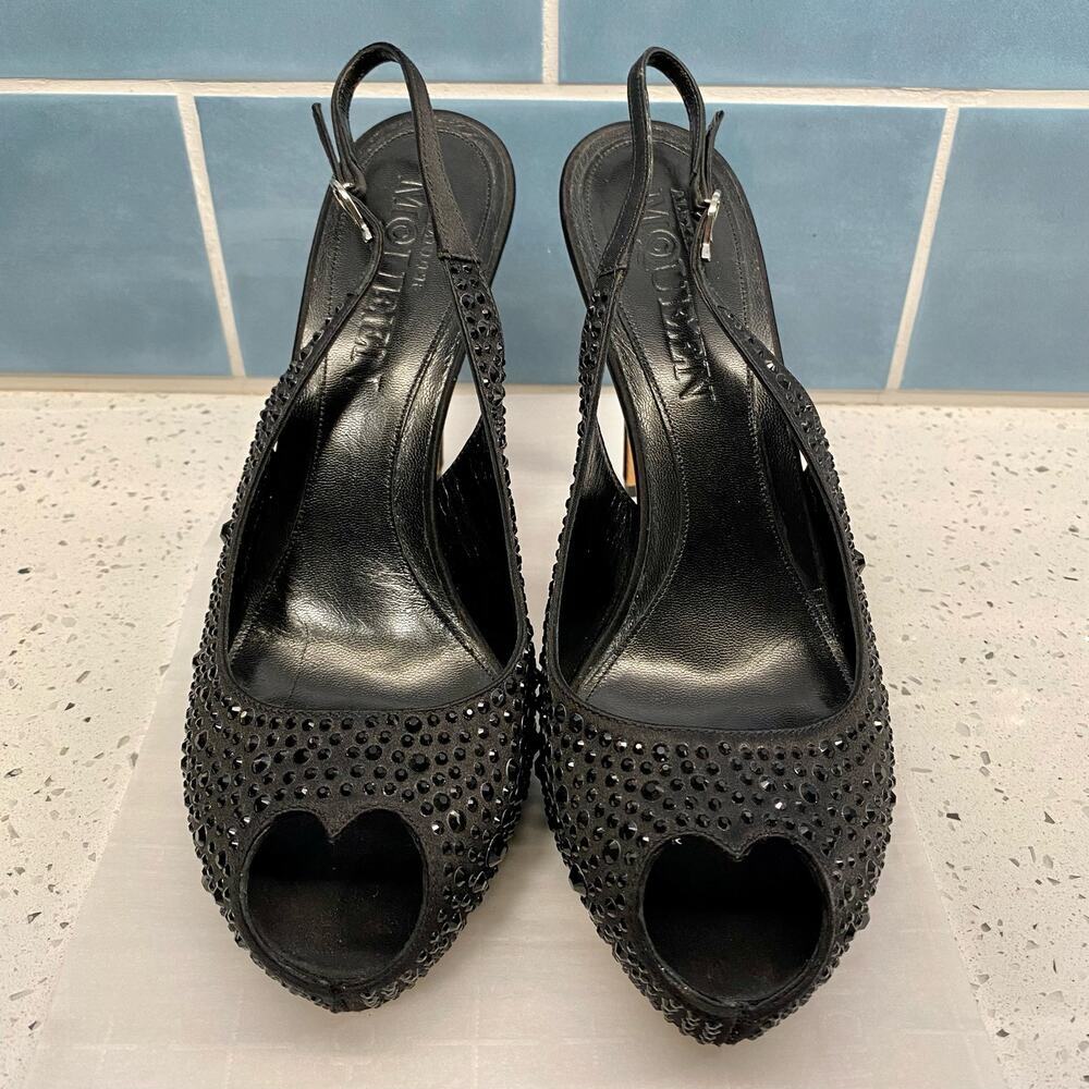 Alexander McQueen Showgirl Emo Slingback Heels 40 Black Crystal Heart Peep Toe